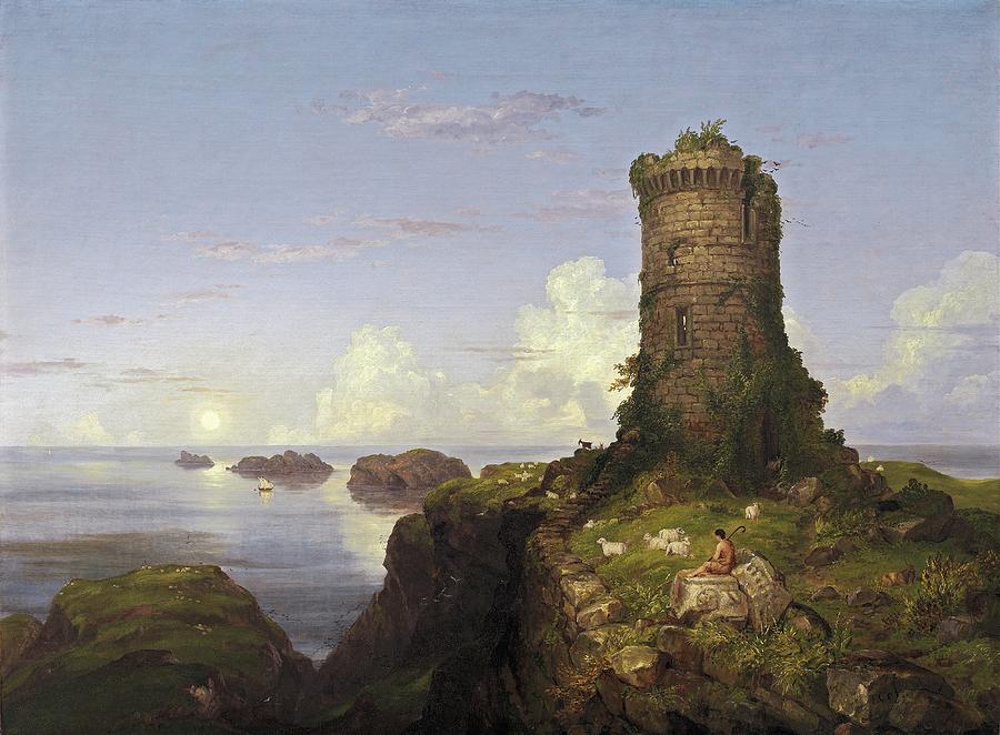 Thomas Cole Painting - Italian Coast Scene With Ruined Tower by Thomas Cole
