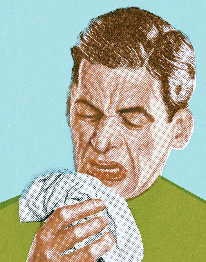 Vintage Drawing - Man Sneezing #9 by CSA Images