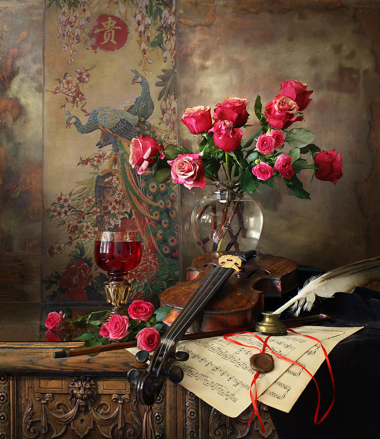Still Life With Violin And Roses #9 Photograph by Andrey Morozov