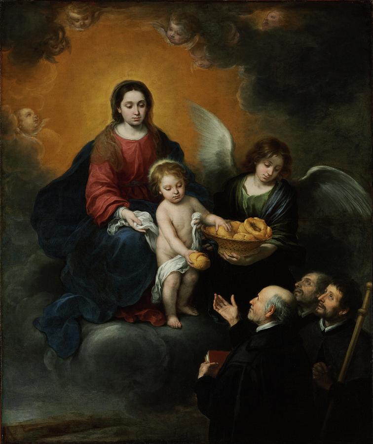 The Infant Christ Distributing Bread To The Pilgrims Painting by Bartolome Esteban Murillo