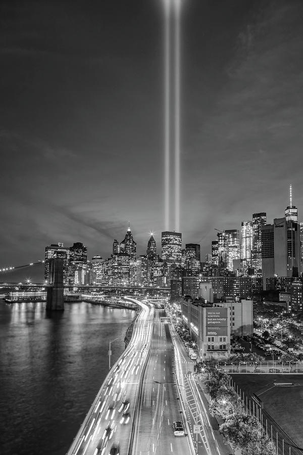 911 Tribute In Light In NYC II BW Photograph by Susan Candelario