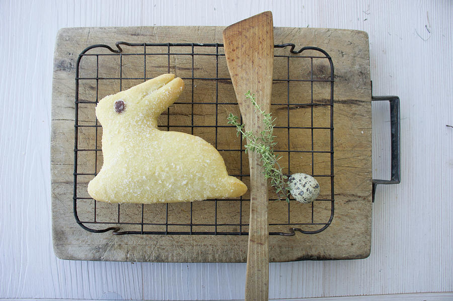 A Baked Easter Bunny Biscuit With A Quail Egg And A Sprig Of Thyme Photograph by Martina Schindler