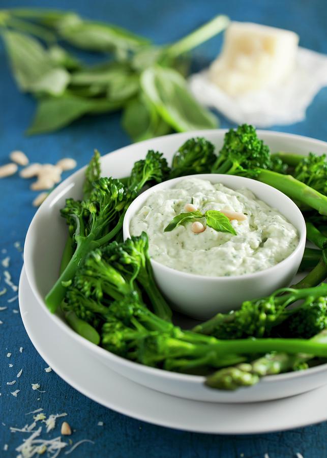 A Basil And Pecorino Dip Served With Broccoli Florets And Asparagus Photograph by Jane Saunders
