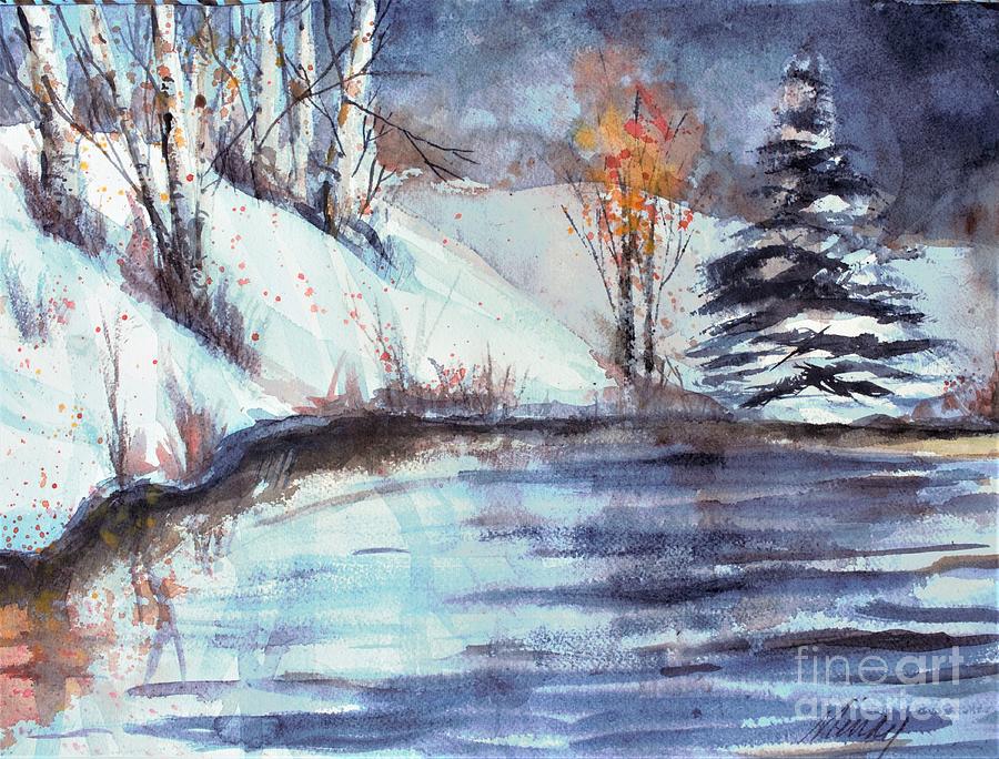 A beautiful frozen pond Painting by Mindy Newman