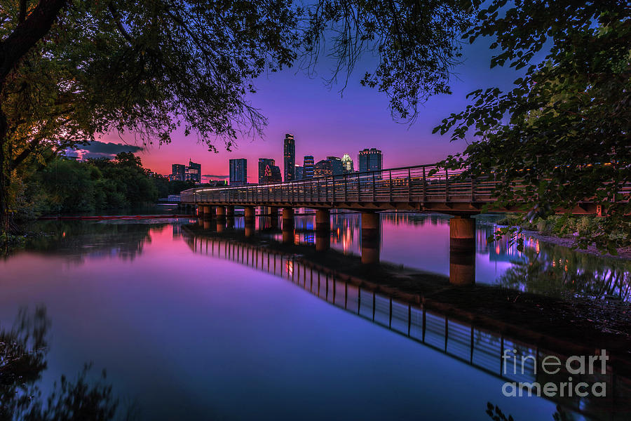 Boardwalk Austin Photograph - A beautiful vibrant pink sunset falls on the Austin Skyline as seen from the The Boardwalk Trail at Lady Bird Lake by Dan Herron