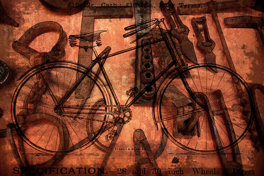 A collage of old tools and a bike. Digital Art by Mel Beasley