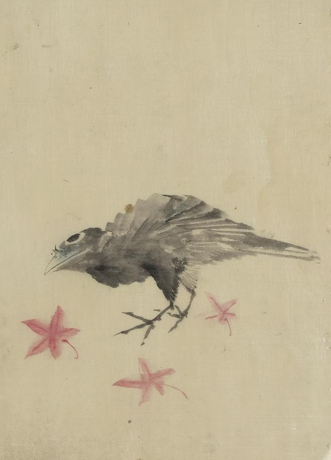 Wildlife Painting - A Bird, Possibly Crow Or Raven, Facing Left, Standing Among by Katsushika Hokusai