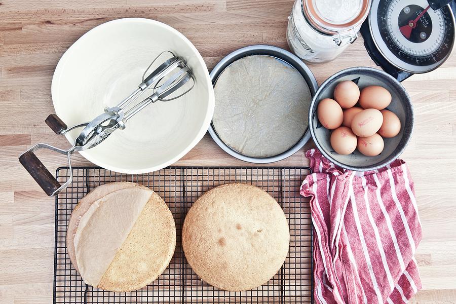 A Birds-eye View Of Utensils And Ingredients For Making Sponge Cake Photograph by George Blomfield