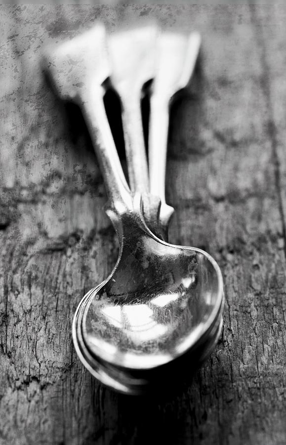 A Black And White Image Of Three Silver Teaspoons Photograph by Jamie Watson