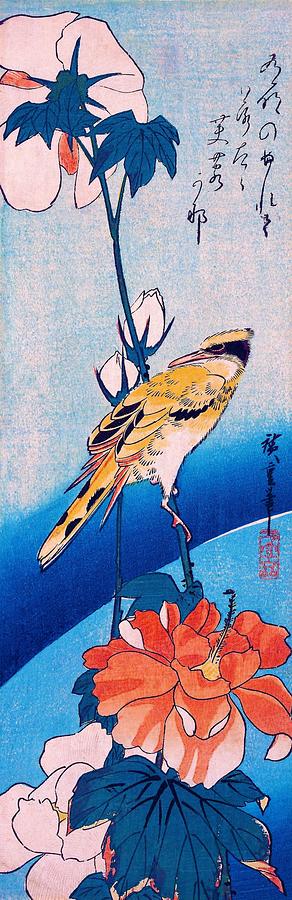 Bird Painting - A Black-Naped Oriole on a Stem of Rose Mallow by Utagawa Hiroshige
