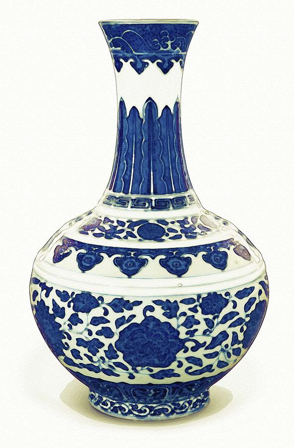 A BLUE AND WHITE BOTTLE VASE watercolor by Ahmet Asar Painting by Celestial Images