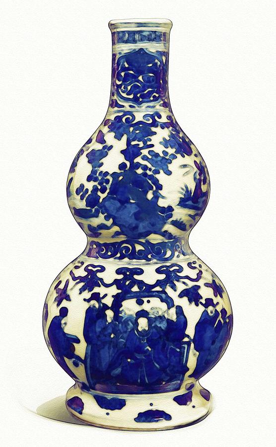 A BLUE AND WHITE DOUBLE-GOURD WALL VASE WANLI MARK AND PERIOD watercolor by Ahmet Asar Painting by Celestial Images