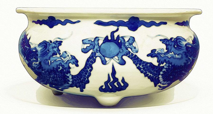 A BLUE AND WHITE  DRAGON CENSER QING DYNASTY KANGXI PERIOD watercolor by Ahmet Asar Painting by Celestial Images