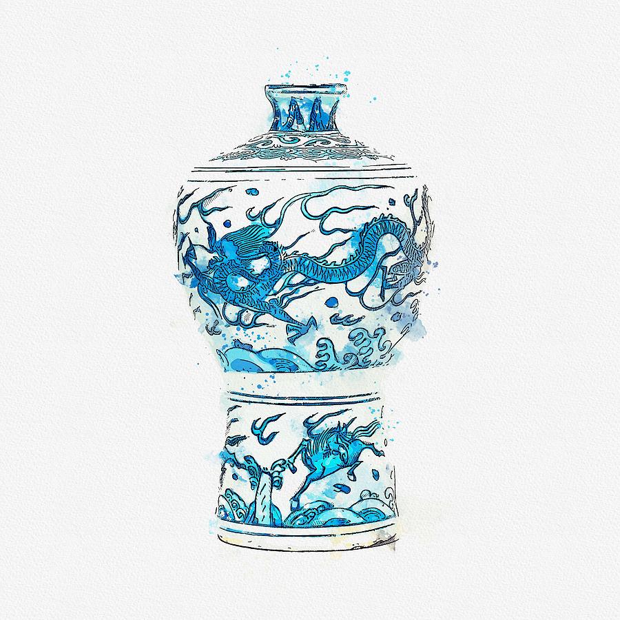 A BLUE AND WHITE  DRAGON  VASE MEIPING WANLI PERIOD  1573-1619 watercolor by Ahmet Asar Painting by Celestial Images