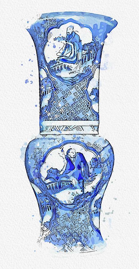 A BLUE AND WHITE  EIGHT IMMORTALS YEN YEN VASE watercolor by Ahmet Asar Painting by Celestial Images