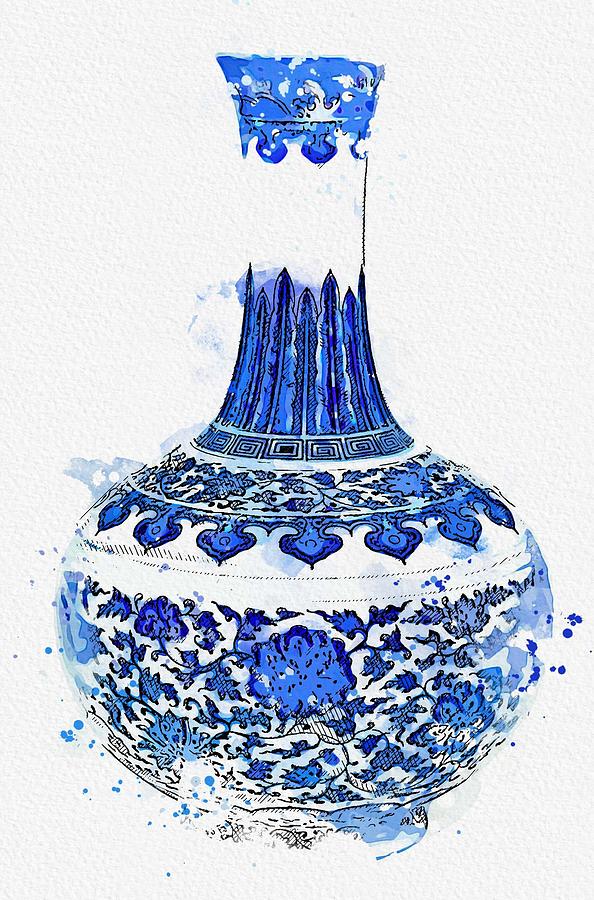 A BLUE AND WHITE  FLORAL  BOTTLE VASE SEAL MARK AND PERIOD OF QIANLONG watercolor by Ahmet Asar Painting by Celestial Images