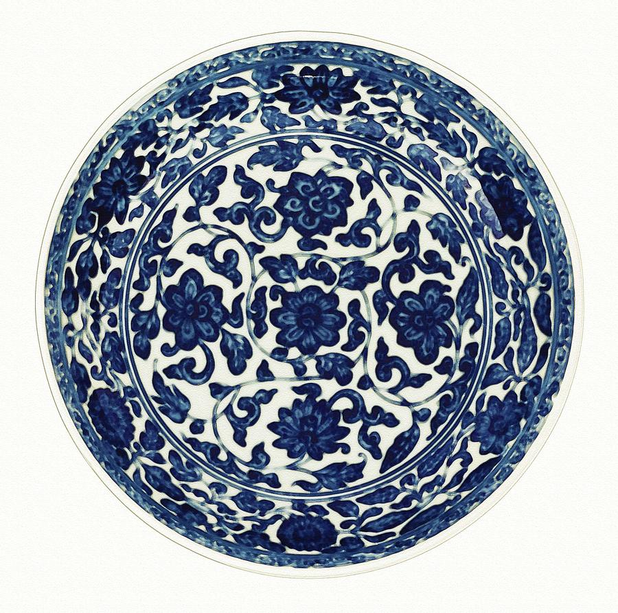 A BLUE AND WHITE  FLOWER SCROLL DISH watercolor by Ahmet Asar Painting by Celestial Images