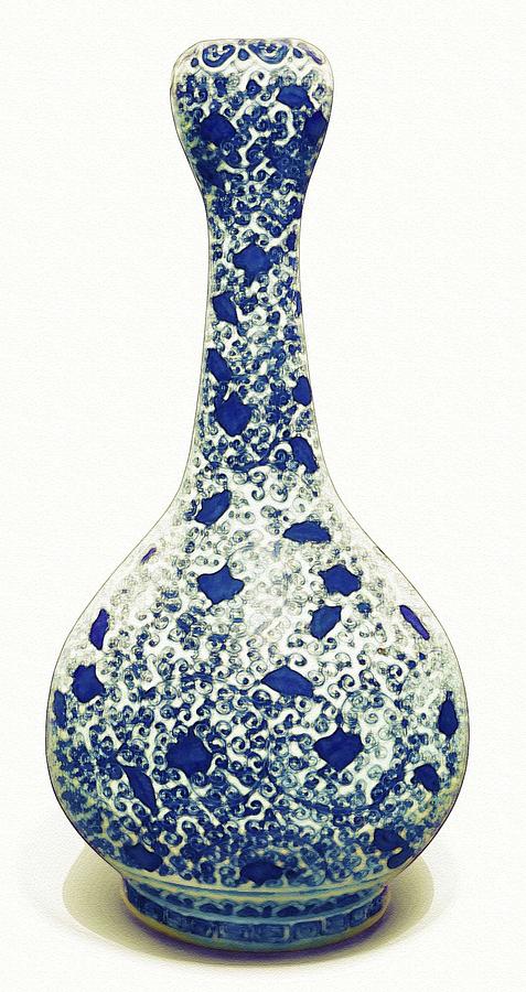 A BLUE AND WHITE GARLIC-MOUTH BOTTLE VASE 17TH CENTURY watercolor by Ahmet Asar Painting by Celestial Images