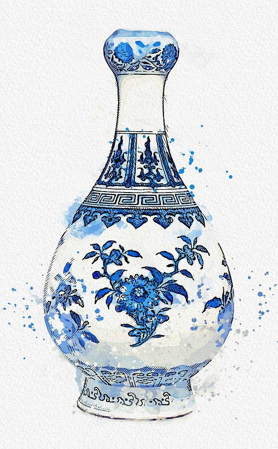 A BLUE AND WHITE GARLIC MOUTH BOTTLE VASE DAOGUANG SEAL MARK AND PERIOD watercolor by Ahmet Asar Painting by Celestial Images