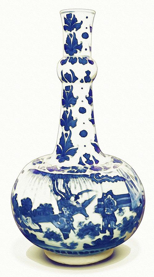 A BLUE AND WHITE GLICAR-NECKED BOTTLE VASE MING DYNASTY CHONGZHEN PERIOD watercolor by Ahmet Asar Painting by Celestial Images