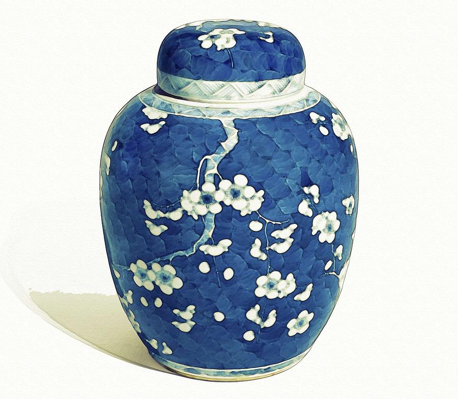 A BLUE AND WHITE JAR AND COVER QING DYNASTY 19TH CENTURY watercolor by Ahmet Asar Painting by Celestial Images