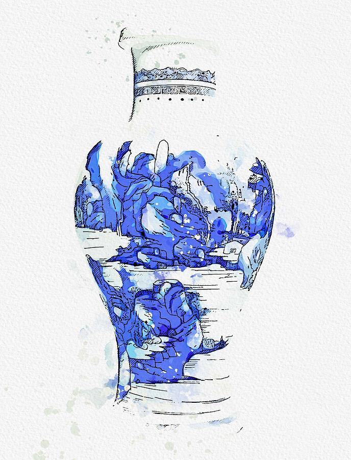 A Blue And White  Landscape Vase Qing Dynasty Kangxi Period 2 Watercolor By Ahmet Asar Painting