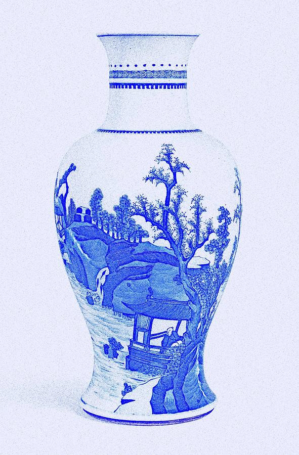 A BLUE AND WHITE LANDSCAPE VASE QING DYNASTY KANGXI PERIOD 3 art by ...