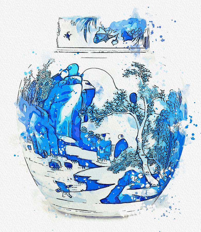 A BLUE AND WHITE OVOID JAR AND COVER QING DYNASTY  KANGXI PERIOD watercolor by Ahmet Asar Painting by Celestial Images