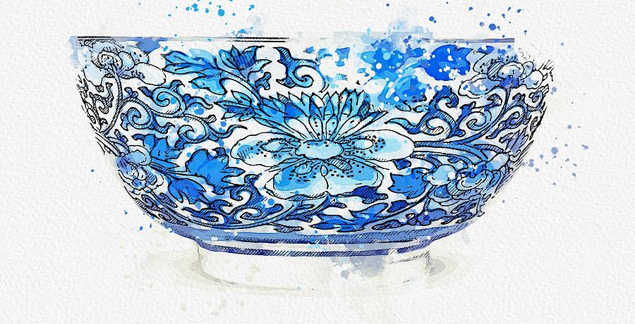 A BLUE AND WHITE  PEONY  BOWL watercolor by Ahmet Asar Painting by Celestial Images