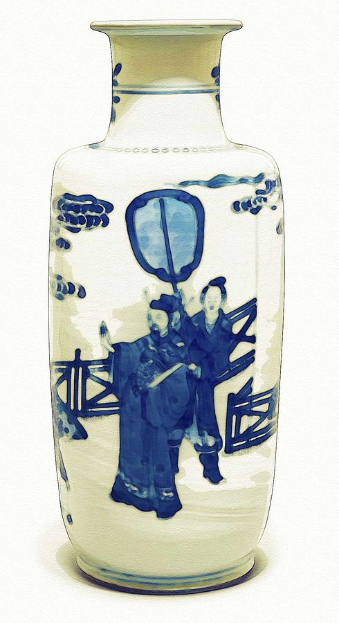 A BLUE AND WHITE ROULEAU VASE QING DYNASTY  KANGXI PERIOD watercolor by Ahmet Asar Painting by Celestial Images