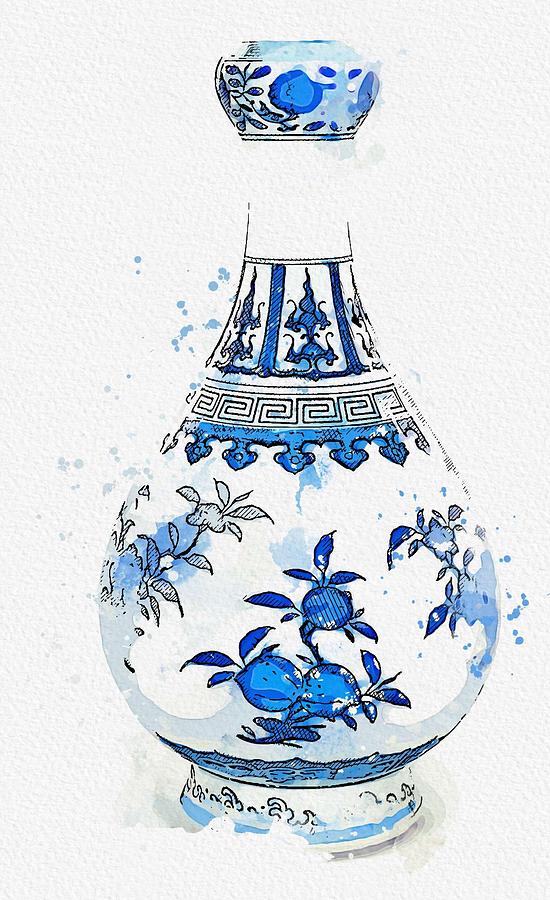 A BLUE AND WHITE  SANDUO  GARLIC-MOUTH BOTTLE VASE watercolor by Ahmet Asar Painting by Celestial Images