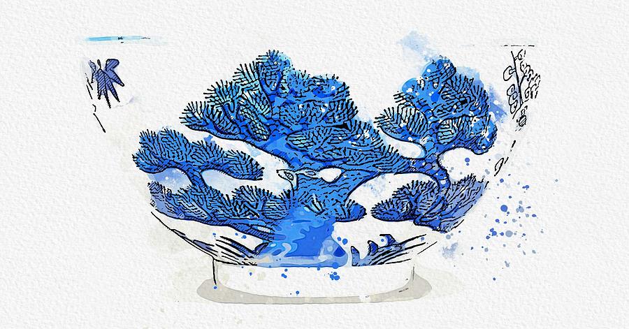 A BLUE AND WHITE  THREE FRIENDS  BOWL GUANGXU MARK AND PERIOD watercolor by Ahmet Asar Painting by Celestial Images