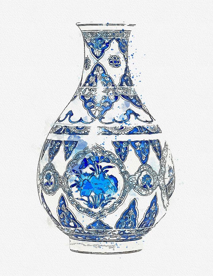 A BLUE AND WHITE VASE KANGXI PERIOD  1662-1722  watercolor by Ahmet Asar Painting by Celestial Images