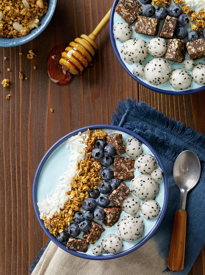 A Blue Smoothie Bowl Arranged In Stripes Photograph by Janellephoto