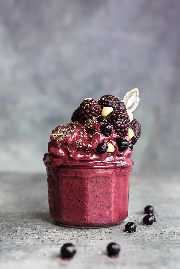 A Blueberry And Blackberry Ice Cream Smoothie With Chia Seeds Photograph by Healthylauracom