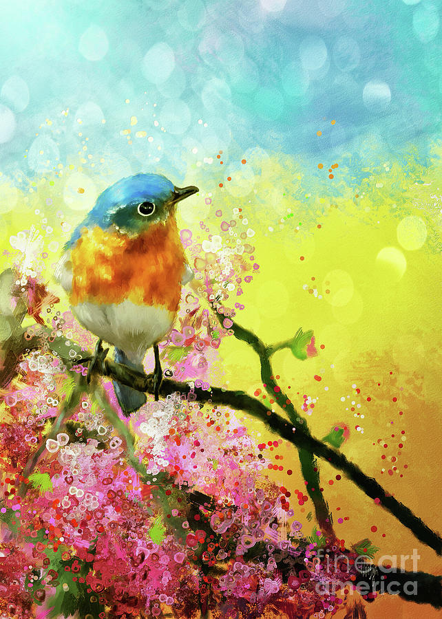 A Bluebird On The Redbud Digital Art by Lois Bryan