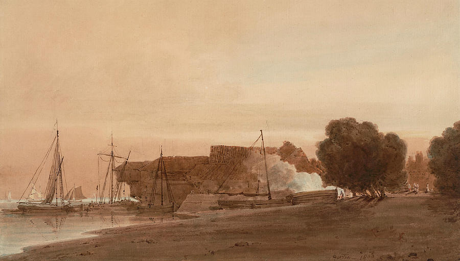 Thomas Girtin Drawing - A Boatyard at the Mouth of an Estuary by Thomas Girtin