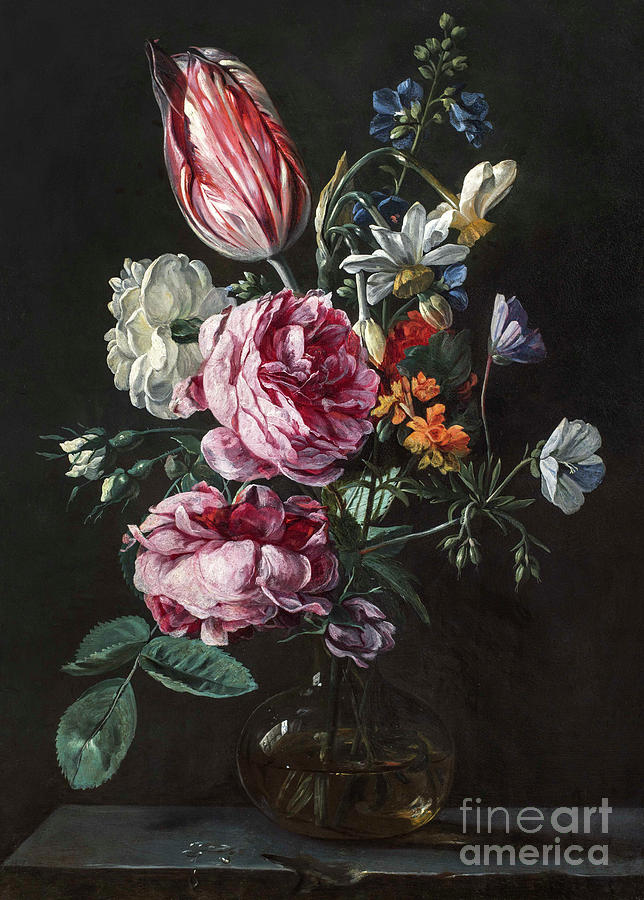 A Bouquet of Narcissus, Parrot Tulip, Roses and Other Flowers in a Glass Vase on a Stone Plinth Painting by Antwerp School