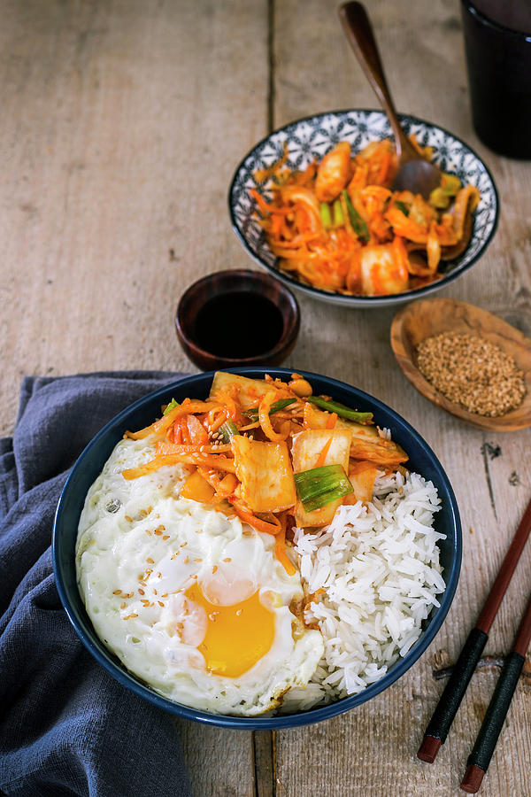 A Bowl Containing Steamed Rice, Fried Egg And Kimchi Photograph by Maricruz Avalos Flores