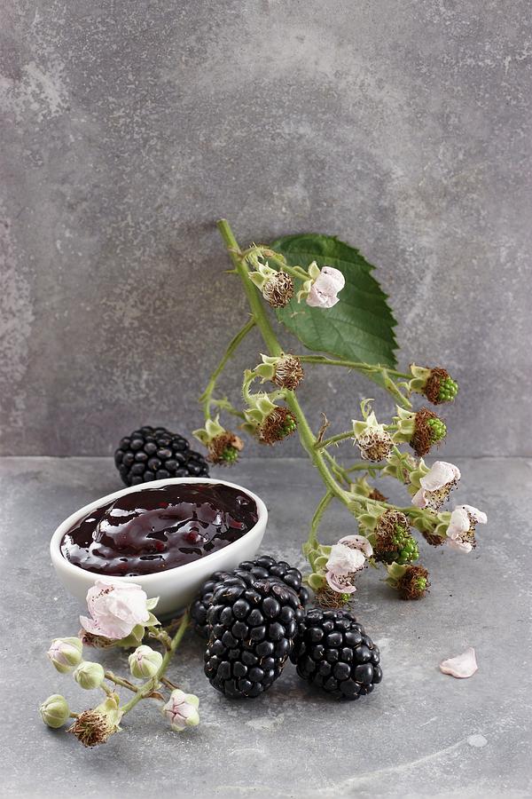 A Bowl Of Blackberry Jam, Blackberries And Blackberry Sprig Photograph by Petr Gross