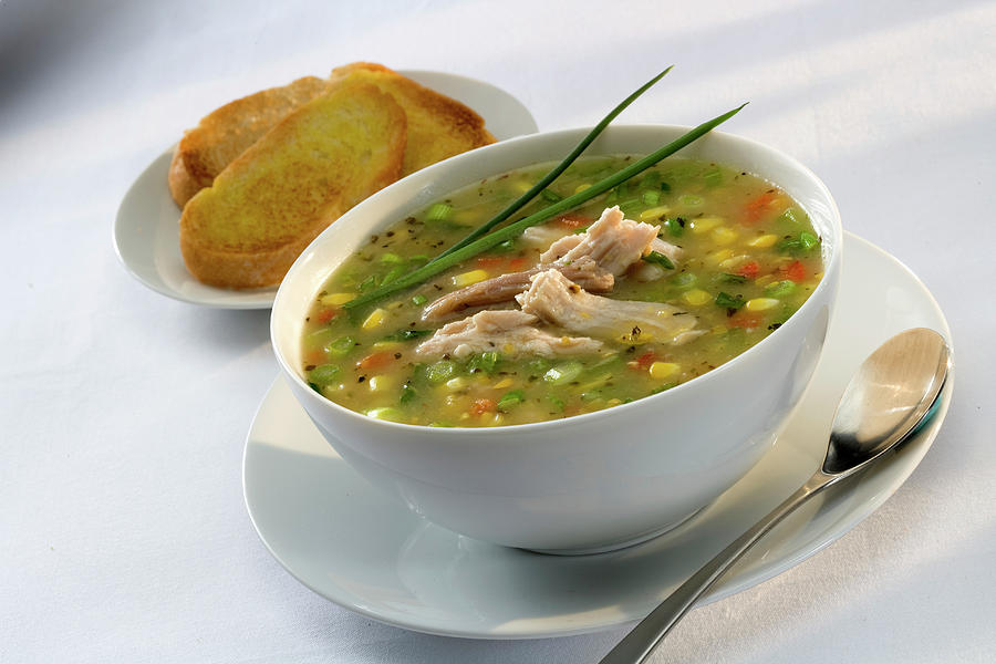 A Bowl Of Chicken And Vegetable Soup Garnished With Chives Photograph by Albert P Macdonald