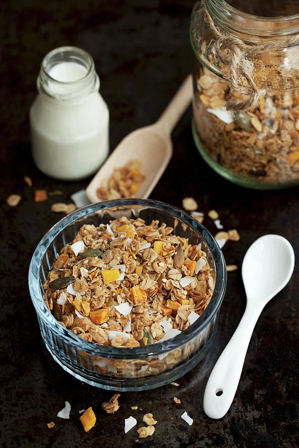 A Bowl Of Muesli And A Bottle Of Milk Photograph by Jane Saunders