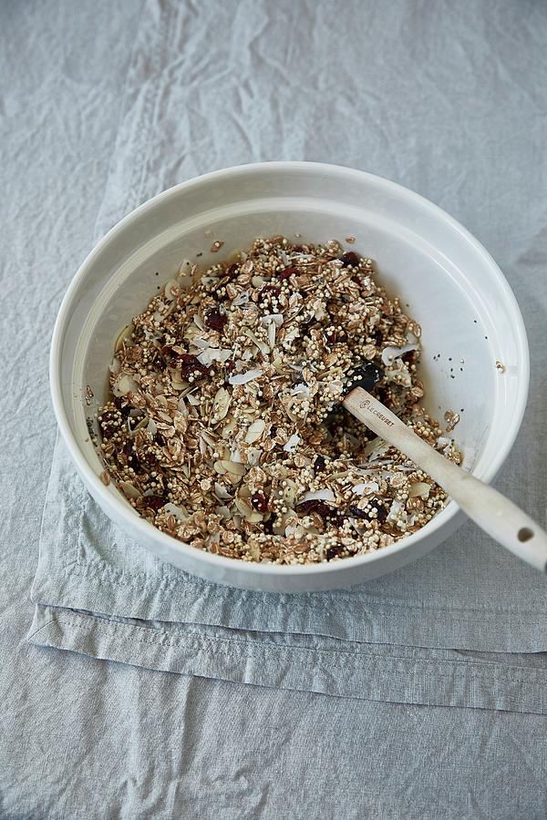A Bowl Of Muesli With Coconut, Cranberries, Oats, Almonds And Puffed Amaranth Photograph by The Stepford Husband