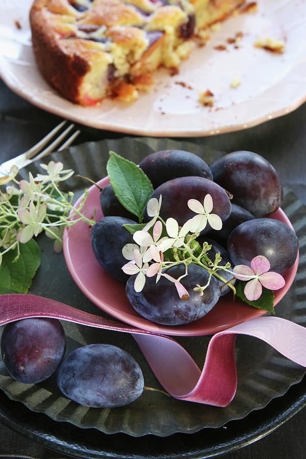A Bowl Of Plums In Front Of A Sliced Plum Cakes Photograph by Regina Hippel