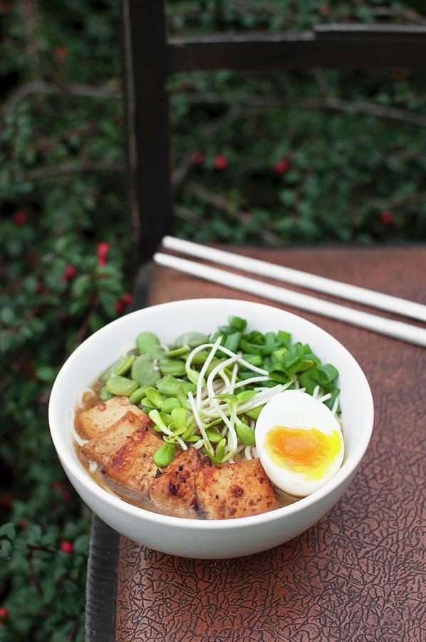 A Bowl Of Ramen Served With Tofu, Broad Beans, Fresh Sprouts, Spring Onion And A Hard-boiled Egg japan Photograph by Kachel Katarzyna