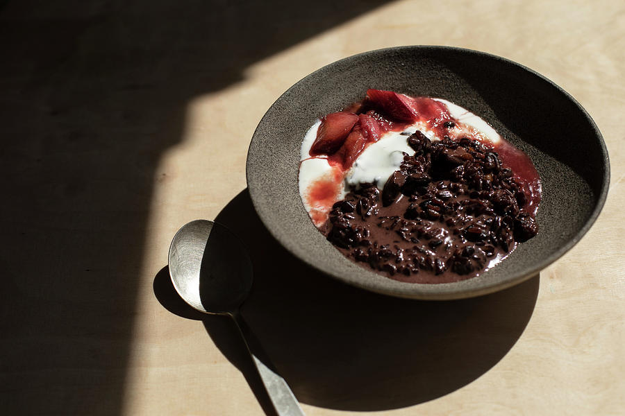 A Bowl Of Rice With Rhubarb And Yoghurt Photograph by Salt & Sugar