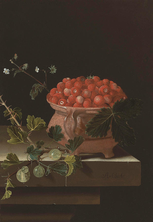 A Bowl of Strawberries with Gooseberries on a Stone Ledge Painting by Adriaen Coorte