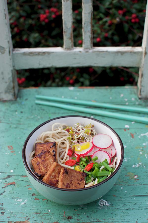 A Bowl Of Traditional Japanese Soup Ramen Served With Tofu, Slices Of Radish, Chopped Spring Onion, Fresh Sprouts And Sliced Chili Photograph by Kachel Katarzyna