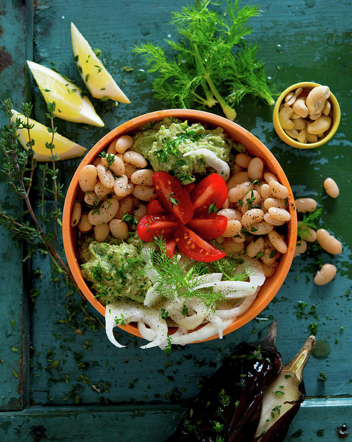 A Bowl With Cannellini Beans, Aubergine Mousse, Tomatoes, Fennel And Cashew Nuts Photograph by Udo Einenkel