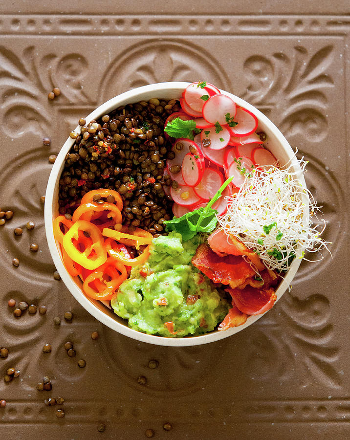 A Bowl With Lentils, Guacamole, Radishes, Peppers And Beansprouts Photograph by Udo Einenkel